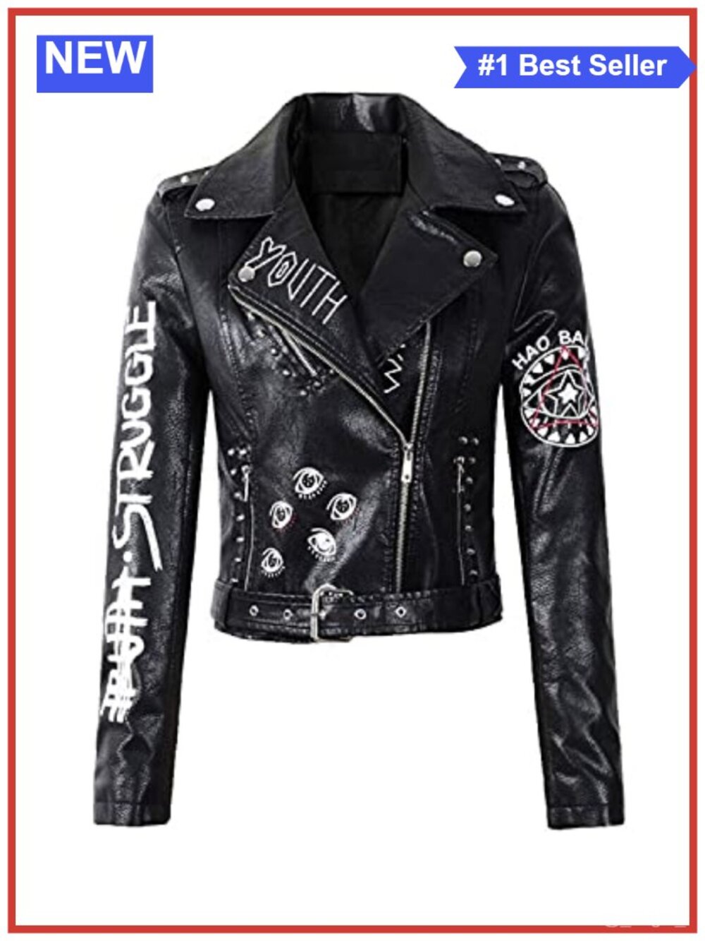 Faux Leather Punk Biker Motorcycle Jacket Belt Rivet Moto Slim Fit